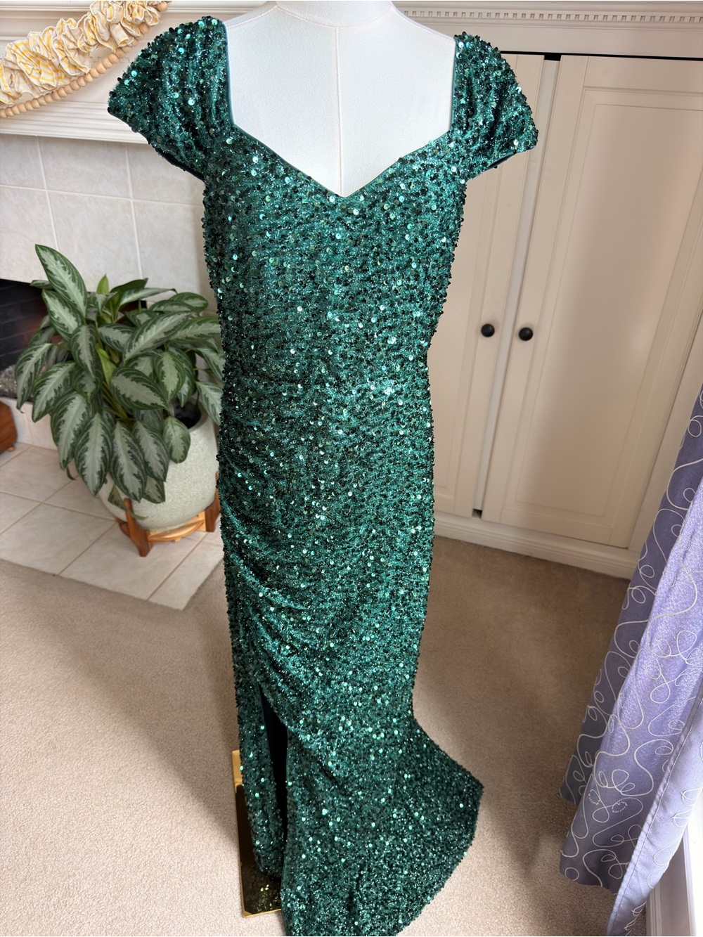 Stunning Emerald Green Sequined High Slit Maxi Gown